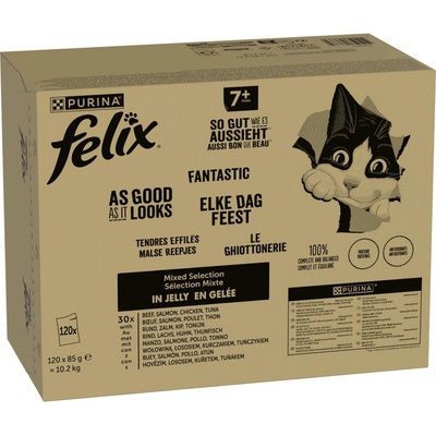 Felix Fantastic Senior hovězí, losos, kuře, tuňák 120 x 85 g