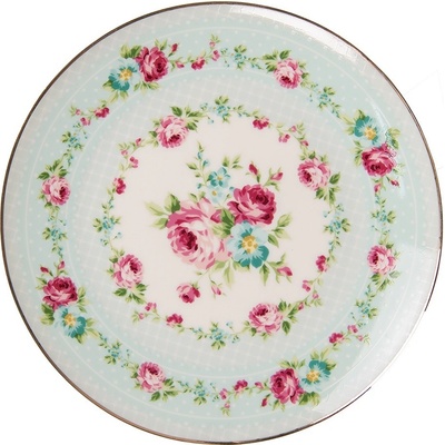Clayre & Eef Zelený porcelánový dezertní talíř s květy 21 x 2 cm