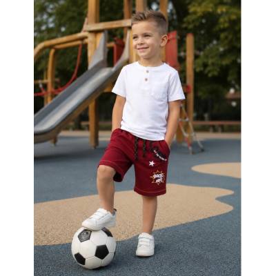 Fashionkids Chlapčenské bordové kraťasy s potlačou a vreckami Bordová
