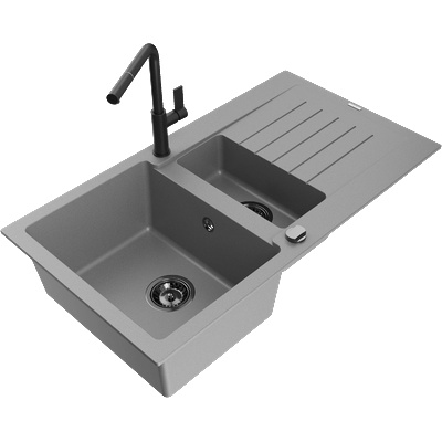 Mexen Matias гранитна мивка 1, 5-камерна с отцедник и кухненски смесител Flora, сива - 6502-71-670401-70-B (6502-71-670401-70-B)