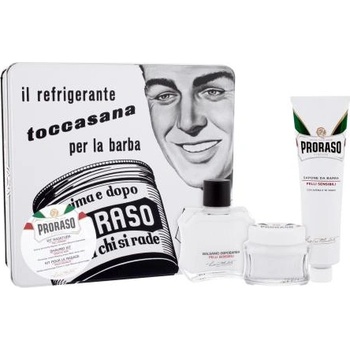 PRORASO White подаръчен комплект: балсам за след бръснене White 100 ml + крем преди бръснене White 100 ml + крем за бръснене White 150 ml + метална кутийка