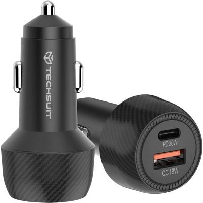 Techsuit - Зарядно за кола CarbonVolt (C7) - Бързо зареждане 48W, USB, Type-C, QC3.0 18W, PD30W - Черно