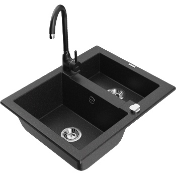 Mexen Carlos гранитна мивка с 1, 5 камери и кухненски смесител Telma, черен/сребрист металик - 6518-73-670200-70 (6518-73-670200-70)