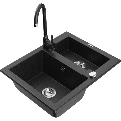 Mexen Carlos гранитна мивка с 1, 5 камери и кухненски смесител Telma, черен/сребрист металик - 6518-73-670200-70 (6518-73-670200-70)
