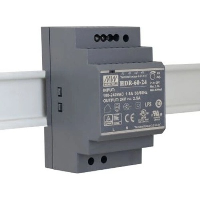 MEAN WELL, Napájecí zdroj na DIN lištu 60W 24V, HDR-60-24, 24V, 2,5A, IP20 – Sleviste.cz
