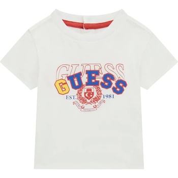 GUESS Бяла тениска за бебе момче с надпис Guess в червено, синьо и жълто