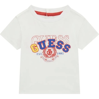 GUESS Бяла тениска за бебе момче с надпис Guess в червено, синьо и жълто