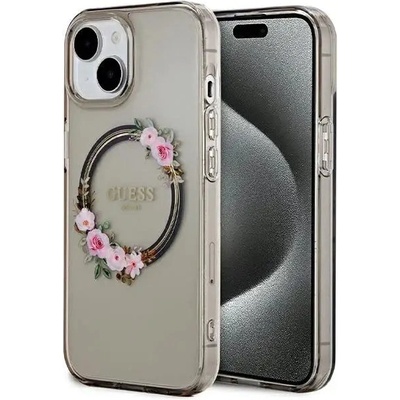 GUESS Кейс Guess IML Flowers Wreath MagSafe за iPhone 15 / 14 / 13, черен (3666339221287)