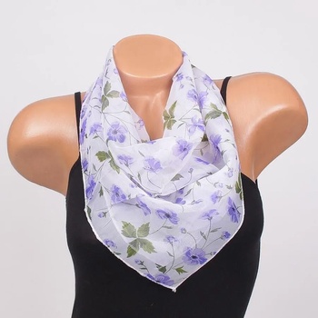 Image 1 of Нежно бяло фишу с лилави цветя и зелени листа