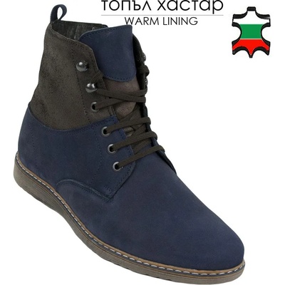 Български обувки Мъжки боти от тъмно син естествен набук с кафява яка 20507