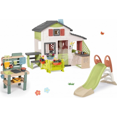 Smoby Set domeček Přátel s předzahrádkou a 1,5 m skluzavka Friends House Life rozšiřitelný s vodotryskem a kuchyňka pro zahradníky
