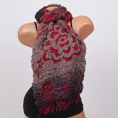 Двулицев шал в бордо и тъмносиньо с ресни