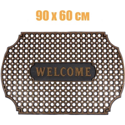 90 х 60 см черна гумена изтривалка със златни пъпки и надпис welcome