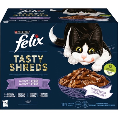 Felix Tasty Shreds s hovězím kuřetem lososem tuňákem ve šťávě 12 x 80 g