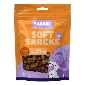 Braaaf Braаaf - Меки лакомства за кучета, ролца с пилешко месо и риба 85 гр