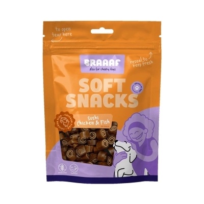Braaaf Braаaf - Меки лакомства за кучета, ролца с пилешко месо и риба 85 гр