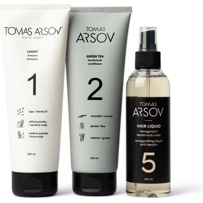 Tomas Arsov Komplexní péče proti lupům LOOPY Šampon 250 ml + GREEN TEA Kondicionér 250 ml + HAIR LIQUID Keratinová voda 200 ml – Zbozi.Blesk.cz