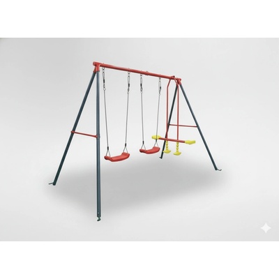 Dvojitá záhradná hojdačka pre deti – 2 samostatné sedadlá + 1 vyvažovacia hojdačka, kovová konštrukcia 290 x 180 x 200 CM červená