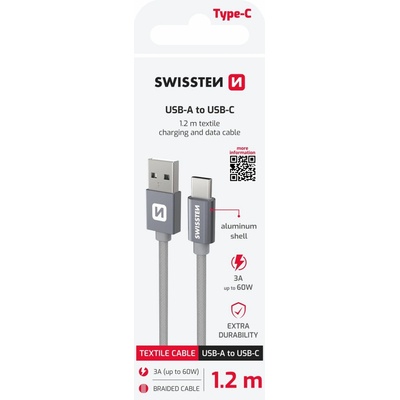 Swissten 71521202 USB 2.0 typ A na C, USB 2.0, zástrčka A - zástrčka C, opletený, 1,2m, šedý