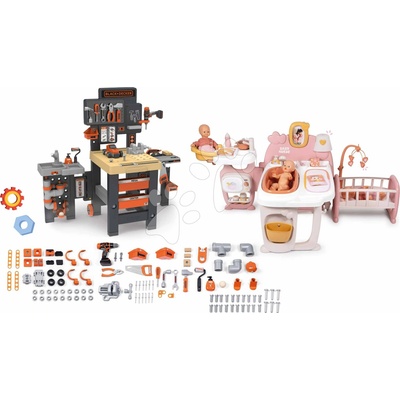 Smoby Set domček pre bábiku trojkrídlový a pracovná dielňa Large Doll´s Play Center Soft Baby Nurse strojárstvo inštalatérstvo maľovanie a tesárstvo