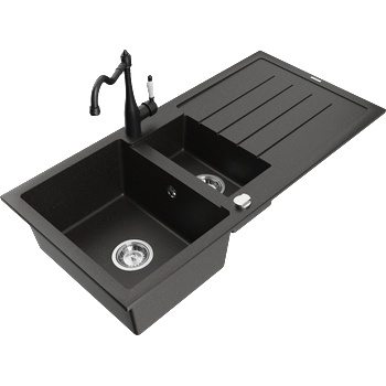 Mexen Andres гранитна мивка 1, 5-камерна с отцедник и кухненски смесител Carla, черен/златен - 6515-75-670700-70 (6515-75-670700-70)