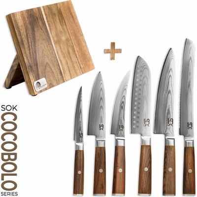 Sok sada 6 kuchyňských nožů Cocobolo White Damascus magnetický stojánek
