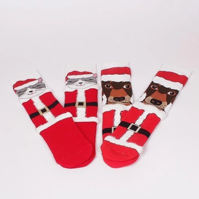 Коледен комплект термо чорапи в червено с коте и куче