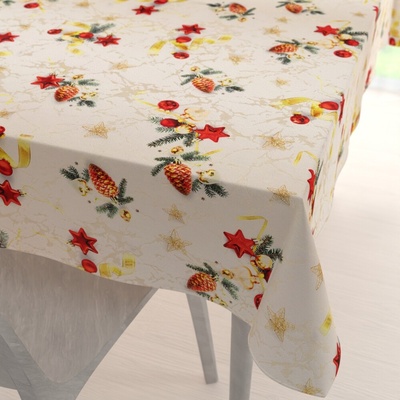 Biante vianočný obdĺžnikový obrus Parma PM-137 Vianočné ozdoby s vetvičkami na zlato-béžovom 80x120 cm