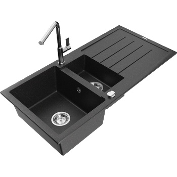 Mexen Andres гранитна мивка 1.5-компонентна с отцедник и кухненски кран Flora, черен/сребърен - 6515-73-670401-00 (6515-73-670401-00)