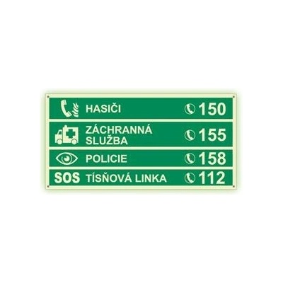Tísňová telefonní čísla - fotoluminiscenční tabulka s dírkami, plast 2 mm 200x100 mm