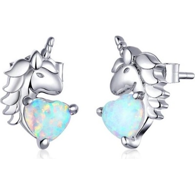 Prosperk stříbrné dětské náušnice jednorožec se srdcem z opálu S3247