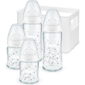 Nuk Комплект стъклени шишета Nuk - First Choice, TC, силикон, 2 x 240 ml + 2 х 120 ml + кошница (10225253)