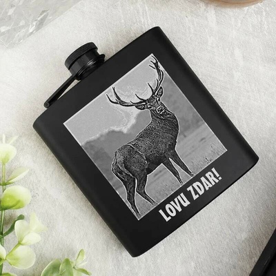 Ploskačka čierna s gravírovaním obrázku a textu 180 ml