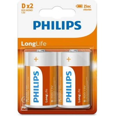 Philips R20L2B/10, LongLife батерии, D R20 цинков хлорид, 2 броя (R20L2B/10)
