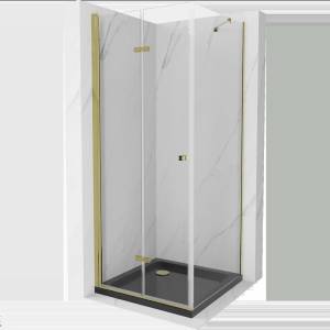 Mexen Lima сгъваема душ кабина 80 x 80 см, прозрачна, златна + тава Flat, черна (856-080-080-50-00-4070G)