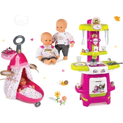 Smoby Prebeľovací vozík pre bábiku Baby Nurse s postieľkou+bábika+kuchynka Máša a medveď 220316-3