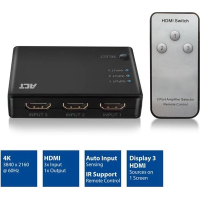 ACT 3 портов HDMI суич ACT , 4K@60Hz, USB, Дистанционно, Черен (EWENT-ACT-SPLIT-AC7845)