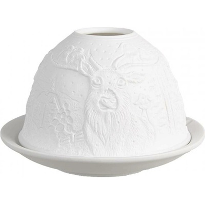 Bílý porcelánový svícen na čajovou svíčku s jelenem a ptáčky na jeho paroží – 12x8 cm