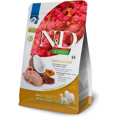 Farmina N&d dog grain free quinoa skin & coat quail, coconut adult medium maxi - за чувствителен стомах, лъскав косъм и здрава козина, за кучета над 1 година, с пъдпъдъче месо, киноа, кокос и куркума - 7 кг pnd0700087