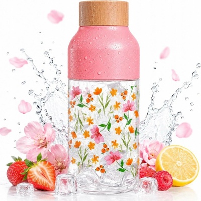 QUOKKA Ice Plastová láhev PINK FLOWERS 570 ml