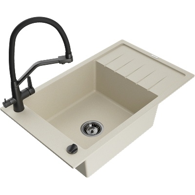 Mexen Elias гранитна кухненска мивка с 1 отделение и отцедник и кухненски смесител Duo, бежов - 6511-69-671701-70-B (6511-69-671701-70-B)