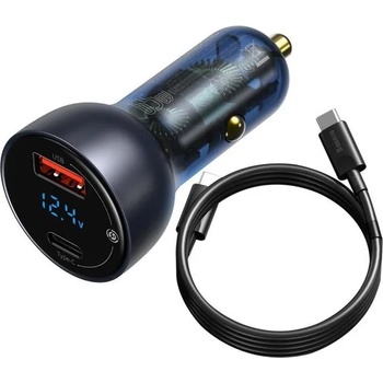 Baseus Digital Display Dual Quick Car Charger 65W-зарядно за кола с USB и USB-C изходи с технология за бързо зареждане и 100W USB-C към USB-C кабел (ТZССКХ-0G)