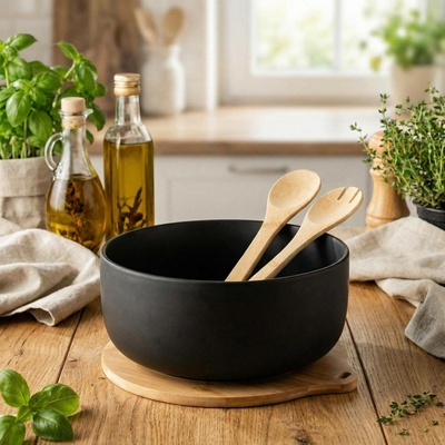 Florina Adria Porcelánová salátová mísa na podstavci se salátovými lžícemi black 3,5 l