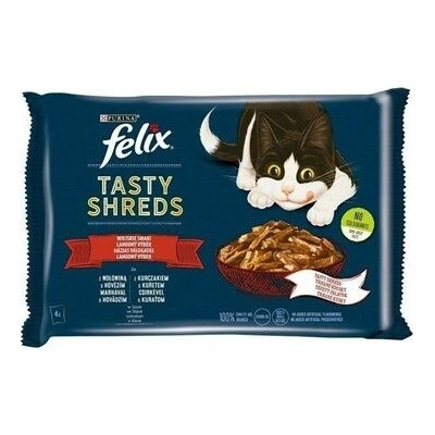 Felix Tasty Shreds s hovädzím a kuraťom v šťave 4 x 80 g