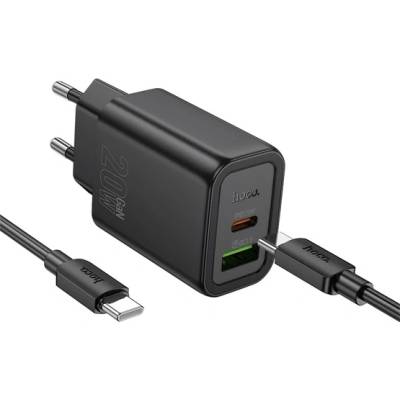 hoco. N61 Променливотоково зарядно устройство USB+Type-C гнездо 20W, PD бързо зарядно устройство 3.0 + Type-C кабел, ЧЕРНО N61_USB_TYPEC_TYPE_B (N61_USB_TYPEC_TYPE_B)