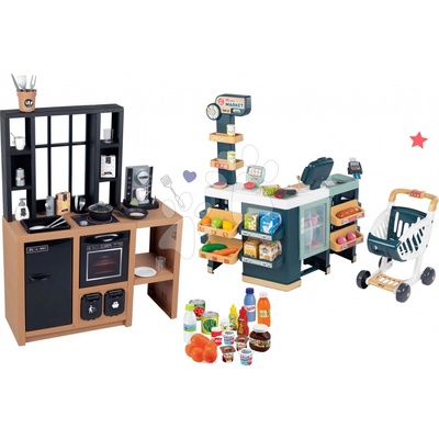 Smoby Set kuchynka moderná Loft Industrial s obchodom Maxi Market s chladničkou a potravinami