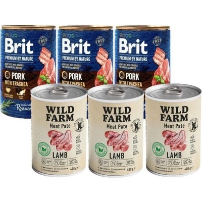 Brit Premium by Nature Pork with Trachea 3 x 400 g & Wild Farm Pate Lamb 3 x 400 g