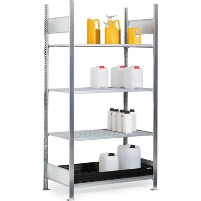 DENIOS Regál pre malé nádoby, základné pole, 3x mrežový rošt, záchytná vaňa z PE, 1060 x 637 x 2000 mm