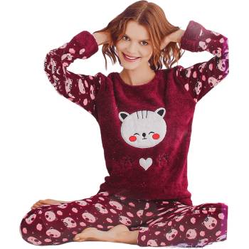 Image 1 of Дамска поларена пижама във виолетово бордо с коте