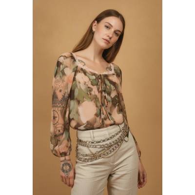 Boohoo dámská halenka s dlouhým rukávem a potiskem béžová